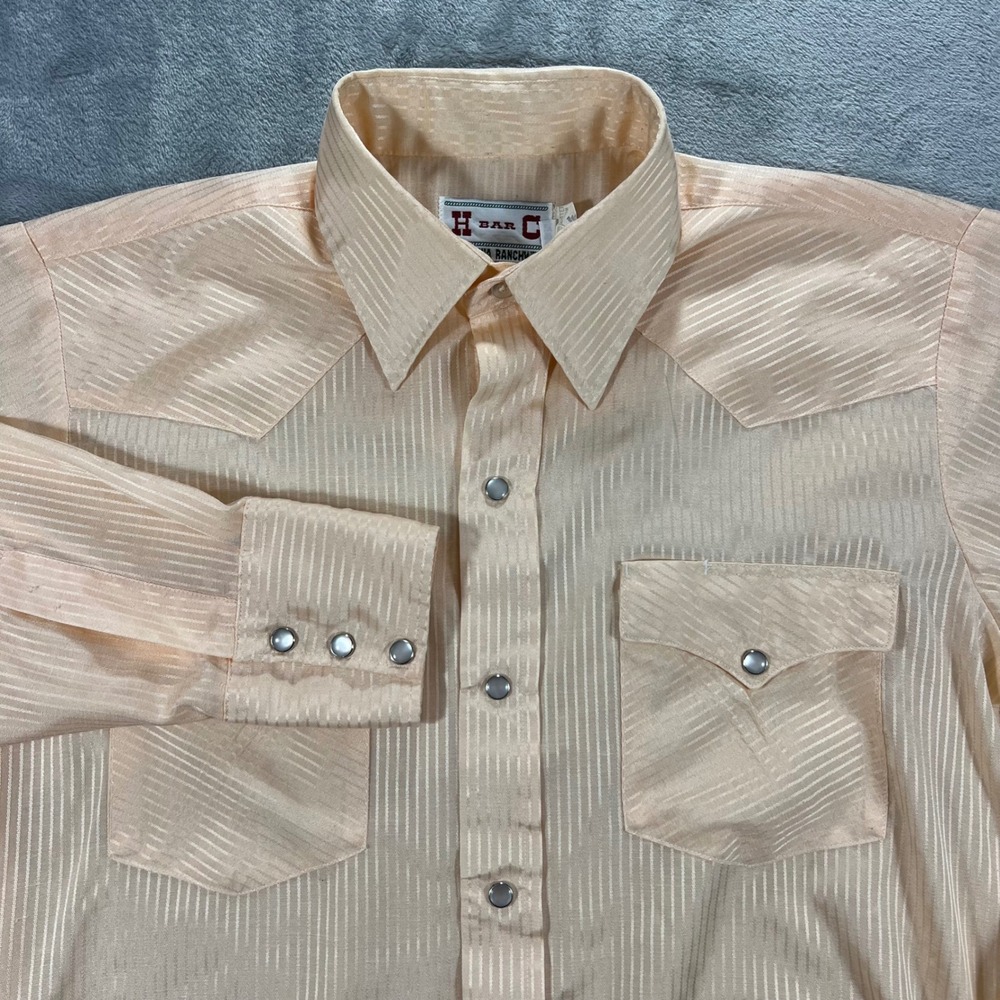H Bar C Western Shirt Mens‎ 15.5 32 Peach Pearl Snap Striped Vintage USA Made